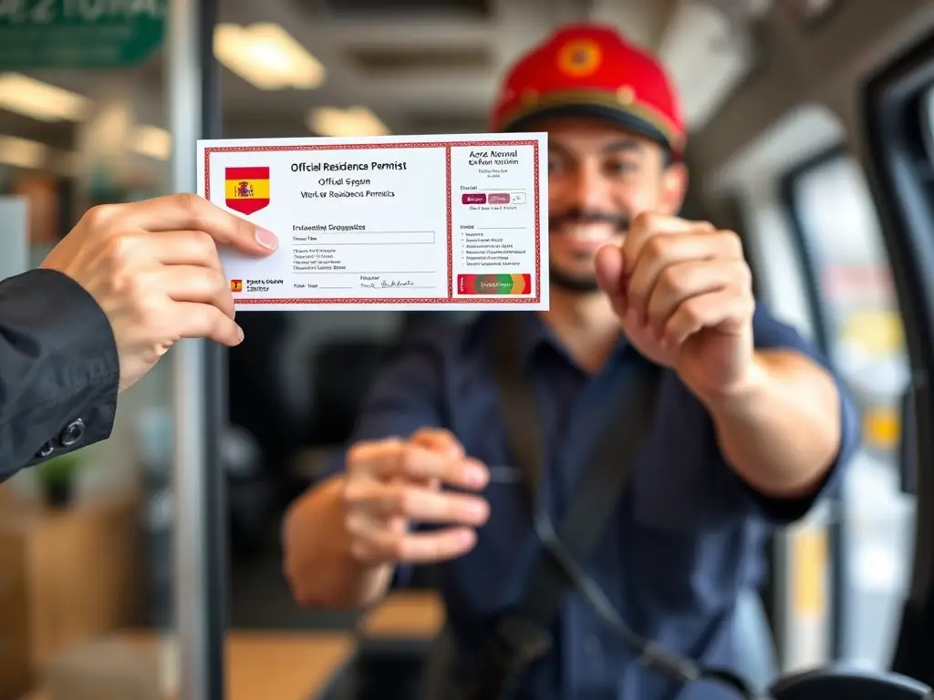 A close-up of official Spanish work and residence permits being handed to a newly recruited international driver, symbolizing successful permit management for logistics companies.