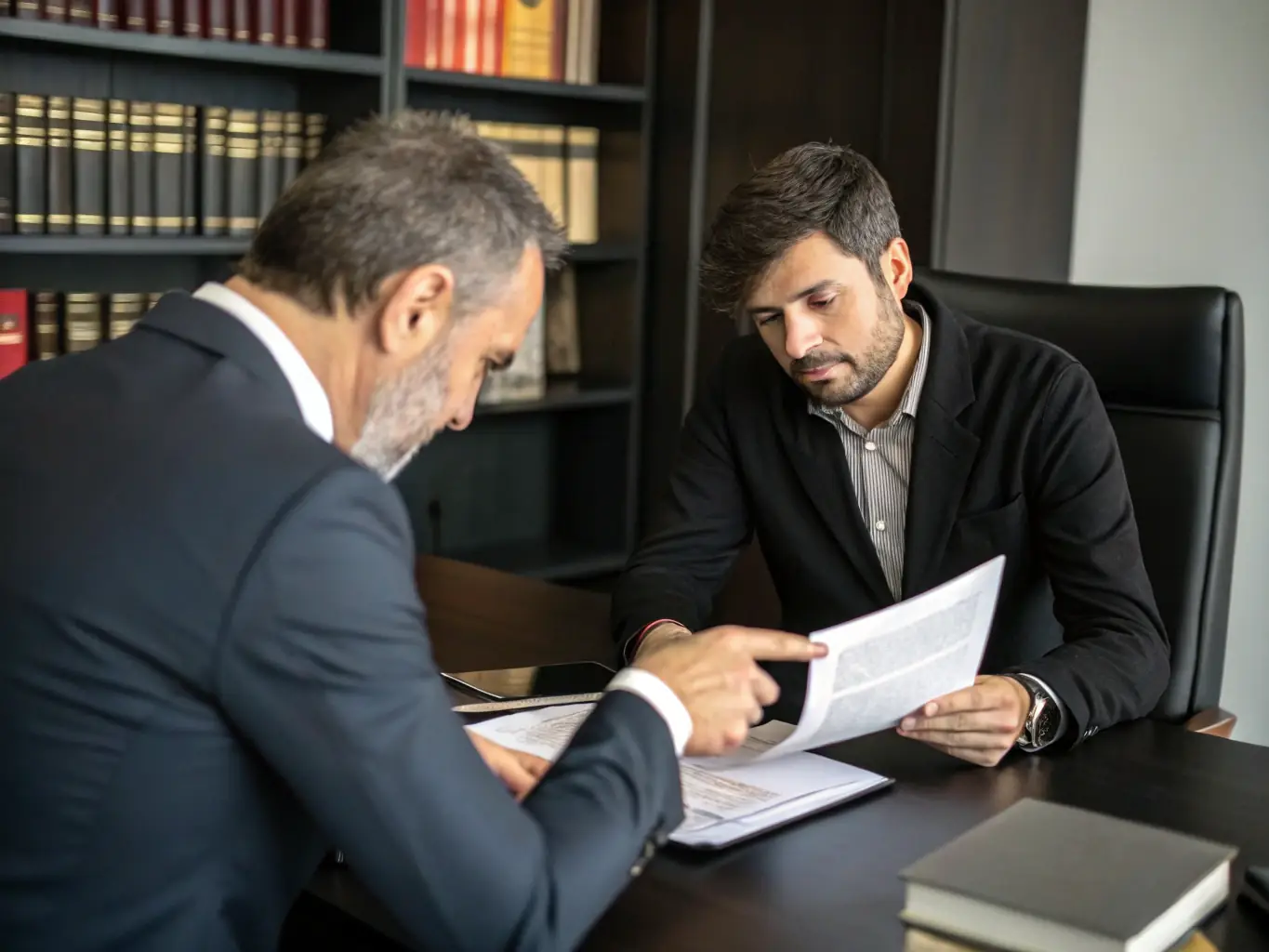 A confident legal advisor in a suit, reviewing transport contracts and compliance documents at a modern office desk, with a background of international transport icons and legal books, illustrating legal security for logistics companies.
