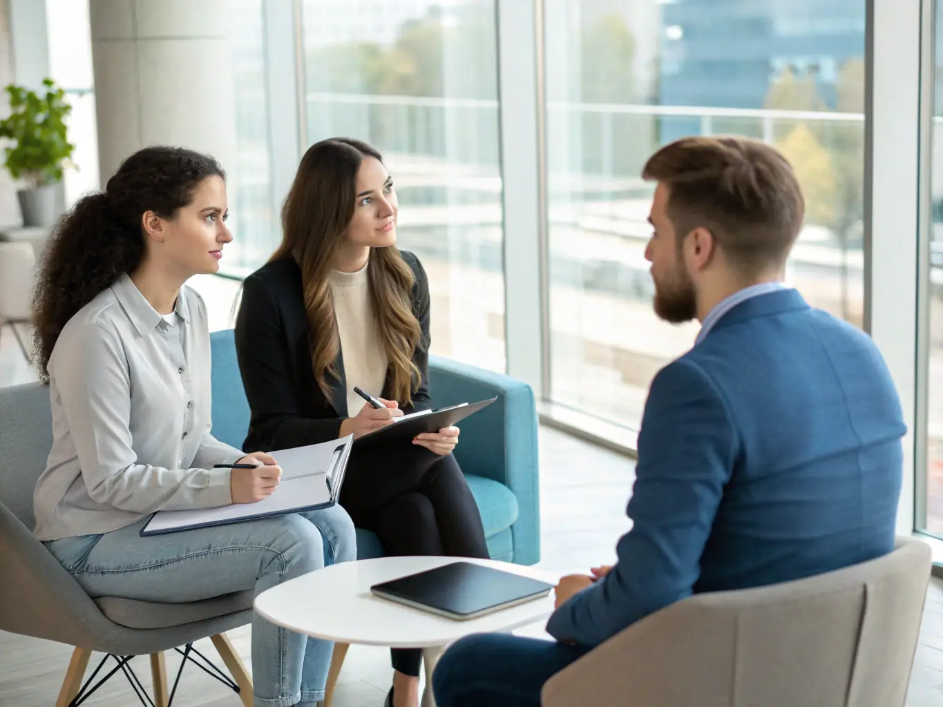 A team of professional recruiters interviewing international drivers in a bright office, with maps and transport fleet images in the background, representing operational support and efficient talent sourcing for logistics companies.