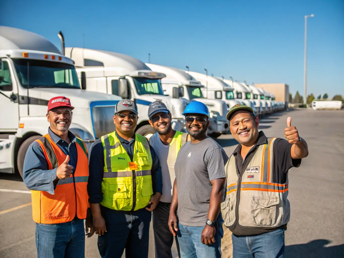 A group of professional drivers in uniform, standing in front of branded trucks, with international flags and transport icons in the background, symbolizing global recruitment and personnel solutions for logistics companies.