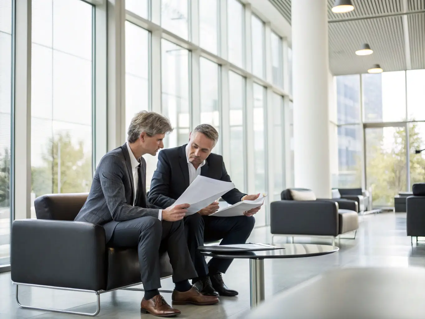 A team of HR and legal professionals collaborating in a bright office, reviewing candidate profiles and permit applications on laptops, with transportation maps and official documents visible, illustrating end-to-end personnel management.