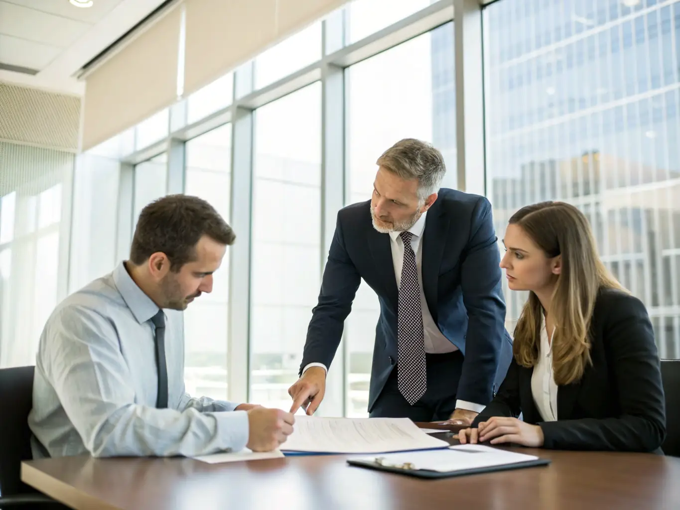 A team of legal consultants providing strategic advice to a logistics company manager, with legal documents and compliance charts visible, illustrating legal advisory services for transport firms.