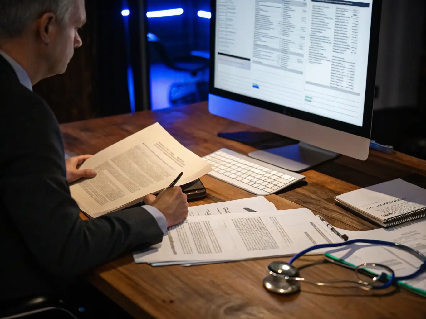 A professional legal advisor reviewing international driver documentation and permits at a modern office desk, representing the legal validation process for transportation companies.