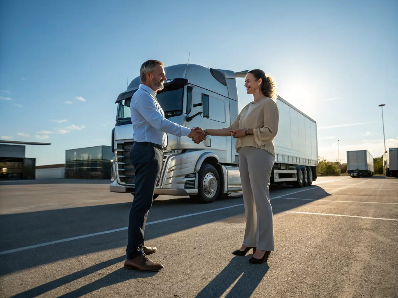 A transport manager shaking hands with a newly hired international driver in front of a fleet of trucks, with visible work permits and licenses, symbolizing peace of mind and successful compliance for transport businesses.